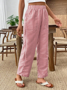 Calça Reta Feminina Listrada com Elástico na Cintura