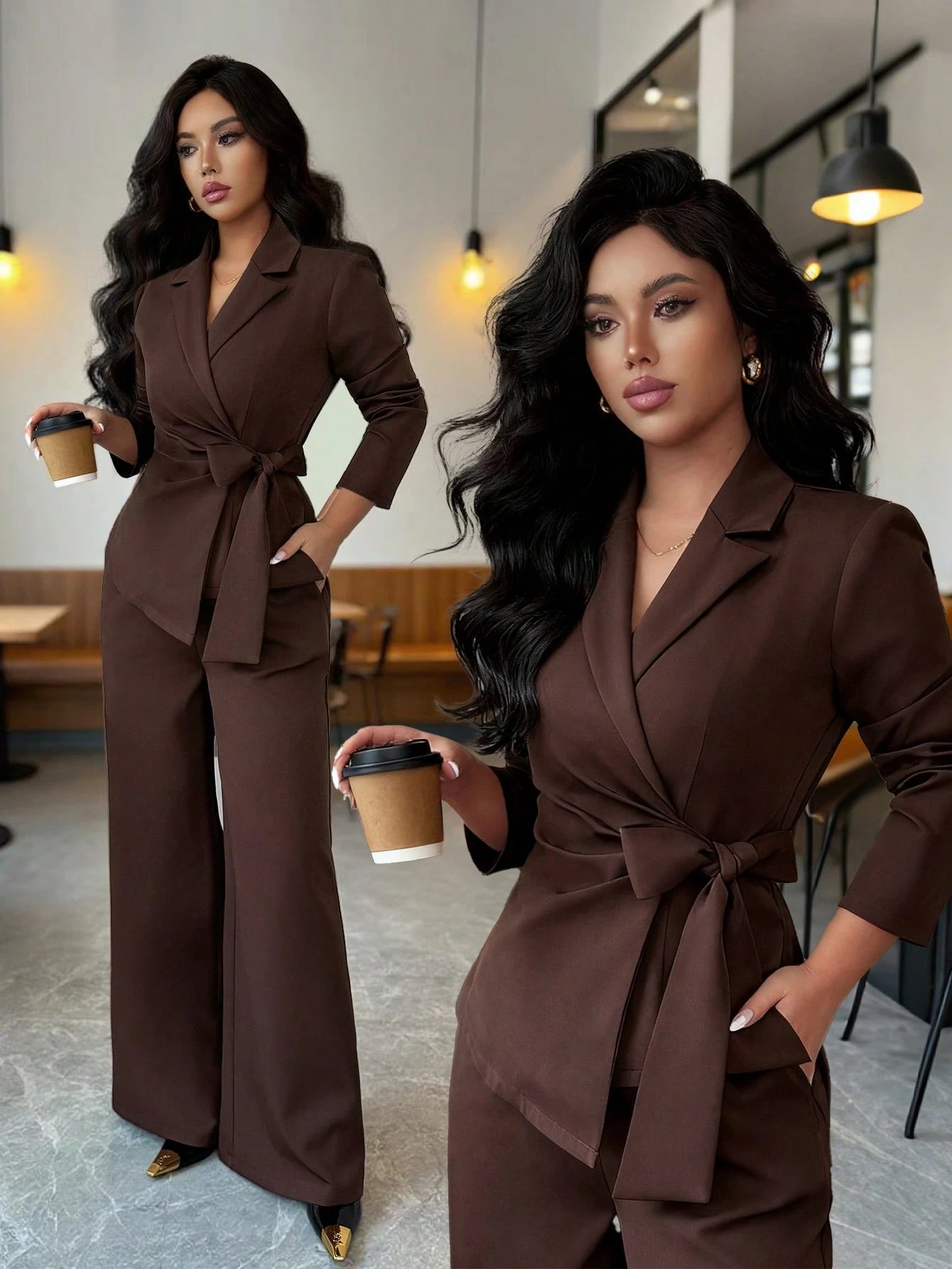 Conjunto Feminino Alfaiataria com Blazer Acinturado e Calça Pantalona