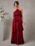 L'Amorae Elegante Vestido Longo Chiffon Romântico de Convidada de Casamento com Decote Halter e Babados