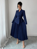 Vestido Midi Alfaiataria com Manga Longa e Saia Plissada