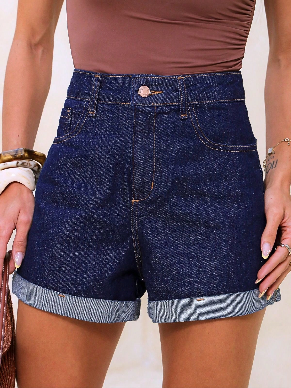 Vendedor IndicadoShorts Jeans Sarja Mom Feminino Cintura Alta Azul Preto Lavagem Escura Areia Bege Verão Casual Barra Dobrada Férias Feriado Básico Clean Girl