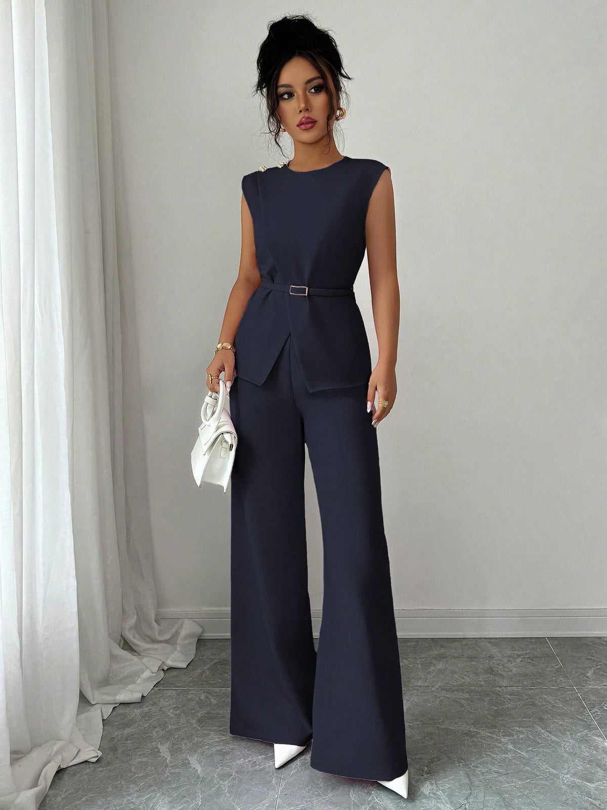 Conjunto de Alfataria Feminino Elegante Blusa e Calça Pantalona Social