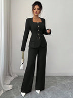 Conjunto Feminino Alfaiataria com Blazer Acinturado e Calça Pantalona