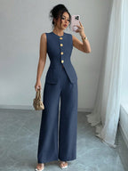 Conjunto Feminino Alfaiataria com Colete Alongado e Calça Pantalona