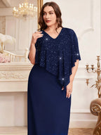 Vestido Festa Longo Plus Size Brilhoso com Capa Brilhoso