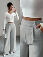 Calça Feminina Elegante Alfaiataria Wide Leg com Botão Lateral