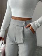 Calça Feminina Elegante Alfaiataria Wide Leg com Botão Lateral