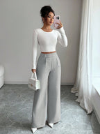 Calça Feminina Elegante Alfaiataria Wide Leg com Botão Lateral