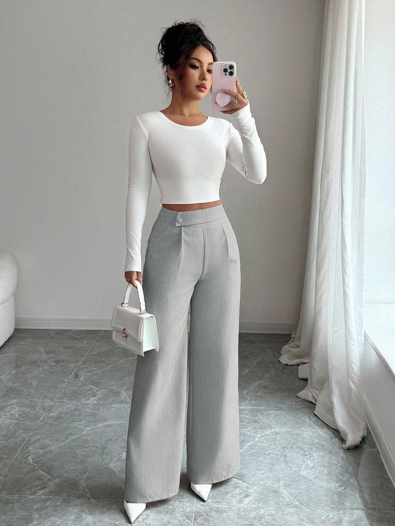 Calça Feminina Elegante Alfaiataria Wide Leg com Botão Lateral