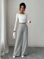 Calça Feminina Elegante Alfaiataria Wide Leg com Botão Lateral