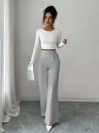 Calça Feminina Elegante Alfaiataria Wide Leg com Botão Lateral
