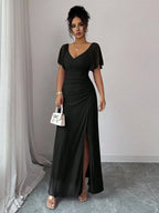 Vestido Longo Para Festa Feminino com Mangas e Fenda Lateral