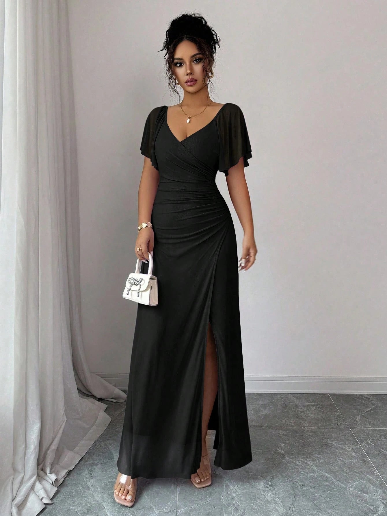 Vestido Longo Para Festa Feminino com Mangas e Fenda Lateral