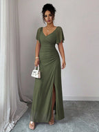 Vestido Longo Para Festa Feminino com Mangas e Fenda Lateral