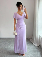 Vestido Longo Para Festa Feminino com Mangas e Fenda Lateral