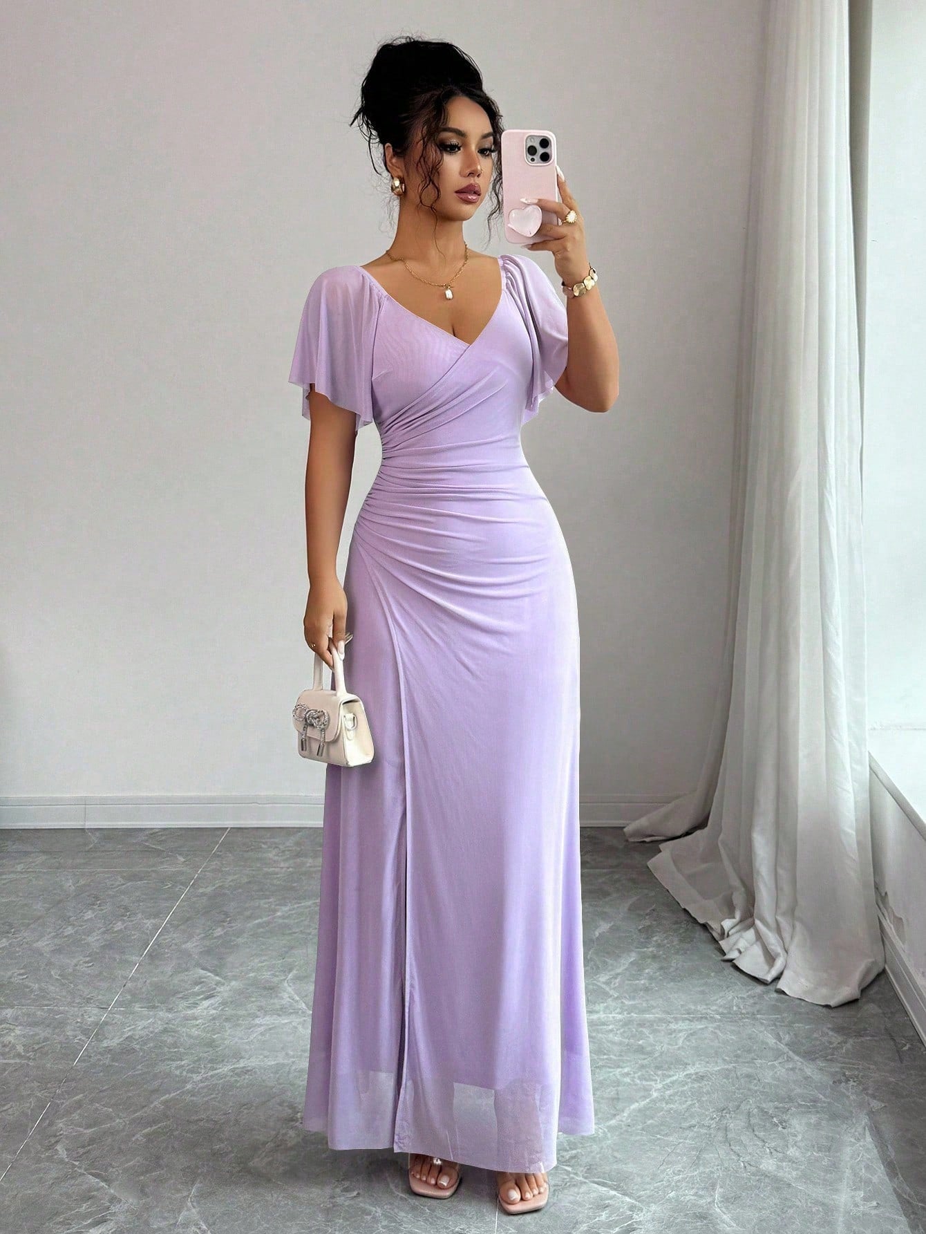 Vestido Longo Para Festa Feminino com Mangas e Fenda Lateral