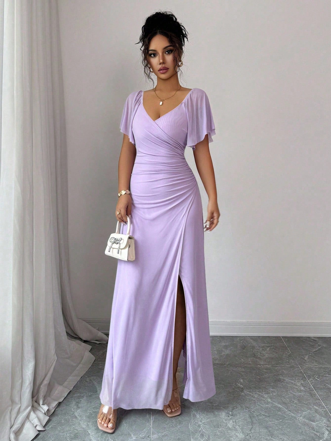 Vestido Longo Para Festa Feminino com Mangas e Fenda Lateral