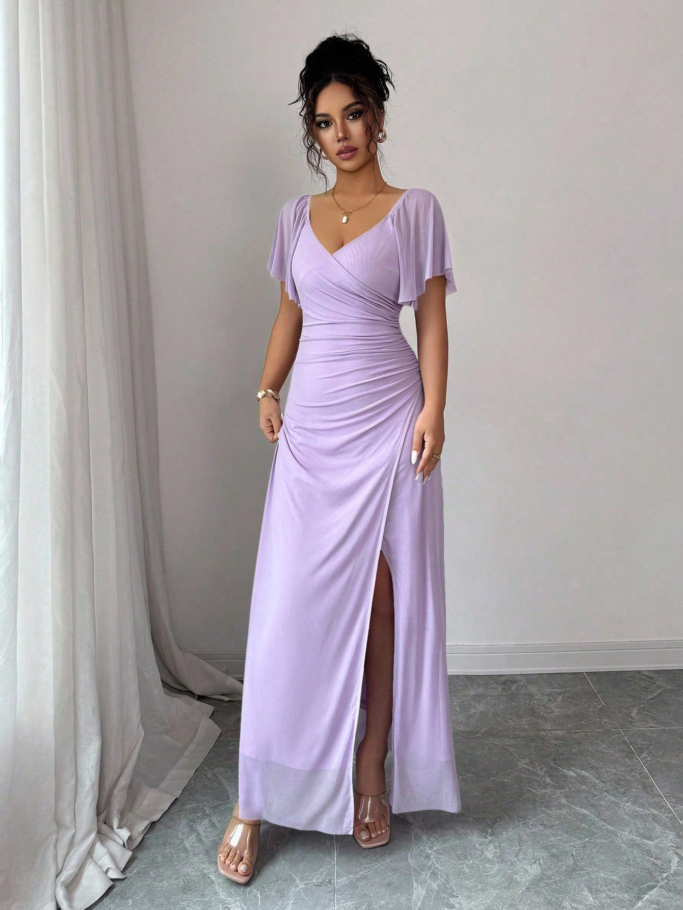 Vestido Longo Para Festa Feminino com Mangas e Fenda Lateral