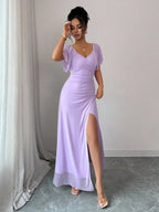 Vestido Longo Para Festa Feminino com Mangas e Fenda Lateral