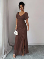 Vestido Longo Para Festa Feminino com Mangas e Fenda Lateral