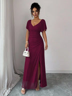Vestido Longo Para Festa Feminino com Mangas e Fenda Lateral