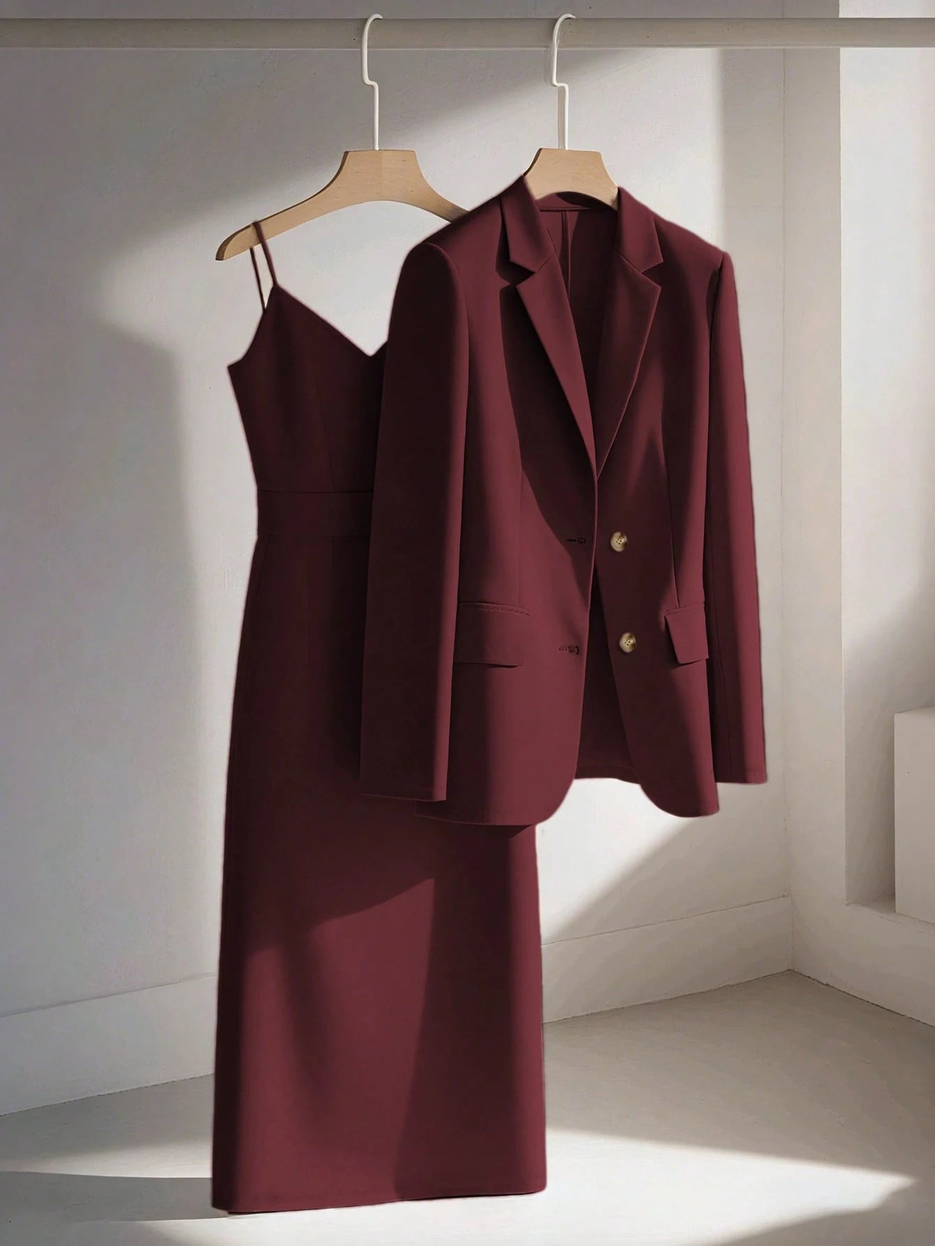 Franclia Conjunto de 2 Peças Rosa Antigo para Mulheres,Blazer Elegante & Vestido Reto com Alças Finas e Cintura Marcada,Outono Escritório & Lazer,Cáqui Casual