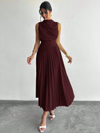 Vestido Midi Elegante Plissado Feminino Sem Mangas