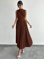 Vestido Midi Elegante Plissado Feminino Sem Mangas