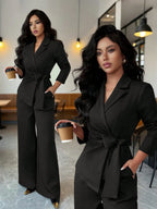 Conjunto Feminino Alfaiataria com Blazer Acinturado e Calça Pantalona