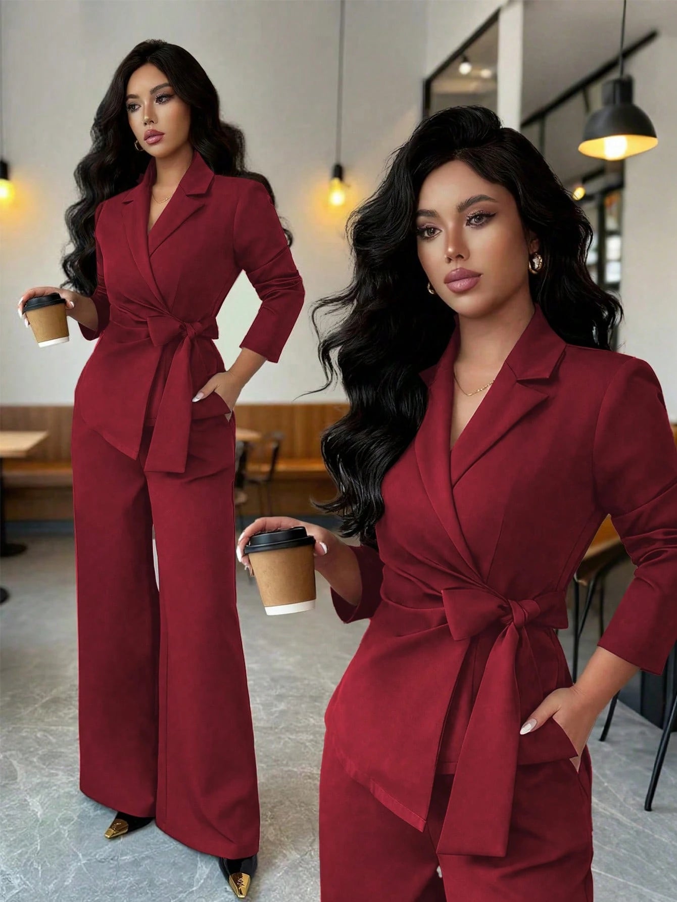 Conjunto Feminino Alfaiataria com Blazer Acinturado e Calça Pantalona