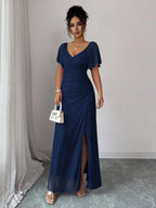Vestido Longo Para Festa Feminino com Mangas e Fenda Lateral