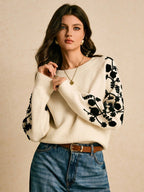 Suéter Feminino de Tricô com Bordado Floral