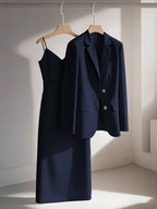 Franclia Conjunto de 2 Peças Rosa Antigo para Mulheres,Blazer Elegante & Vestido Reto com Alças Finas e Cintura Marcada,Outono Escritório & Lazer,Cáqui Casual