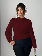 Camisa Manga Longa Feminina Plus Size com Colarinho Plissado Elegante 