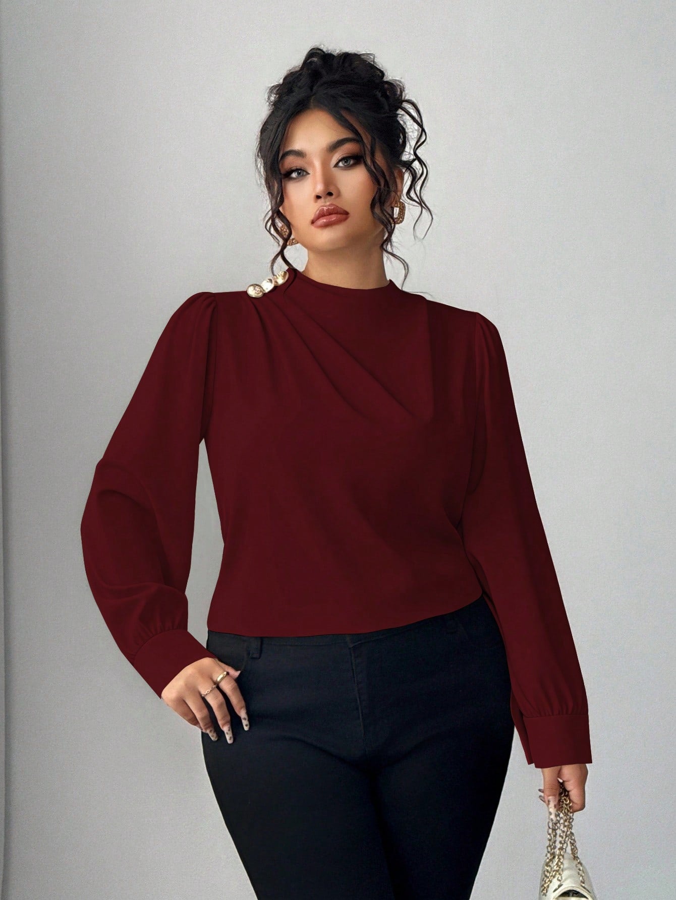 Camisa Manga Longa Feminina Plus Size com Colarinho Plissado Elegante 