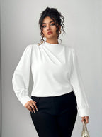 Camisa Manga Longa Feminina Plus Size com Colarinho Plissado Elegante 