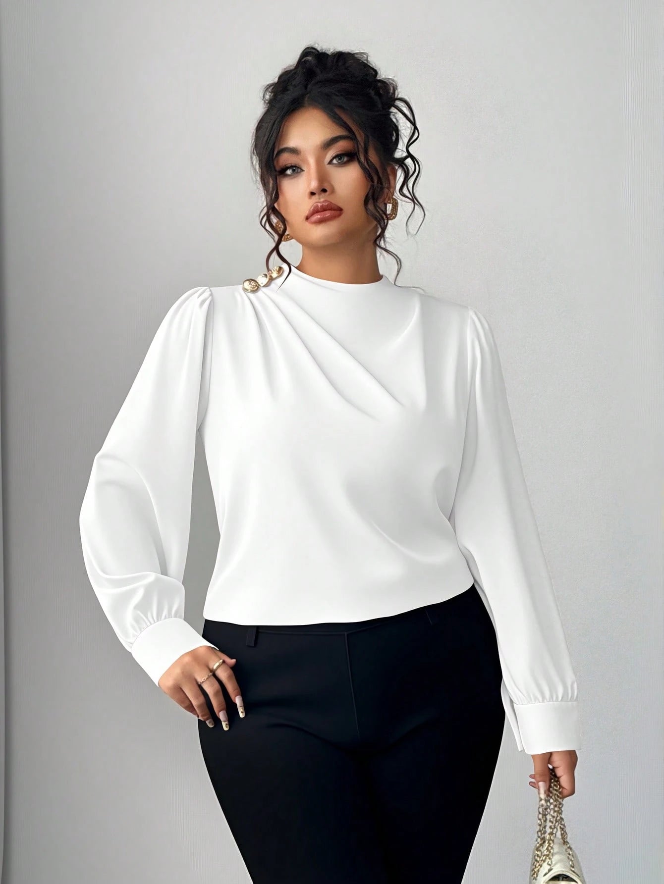 Camisa Manga Longa Feminina Plus Size com Colarinho Plissado Elegante 