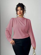 Camisa Manga Longa Feminina Plus Size com Colarinho Plissado Elegante 