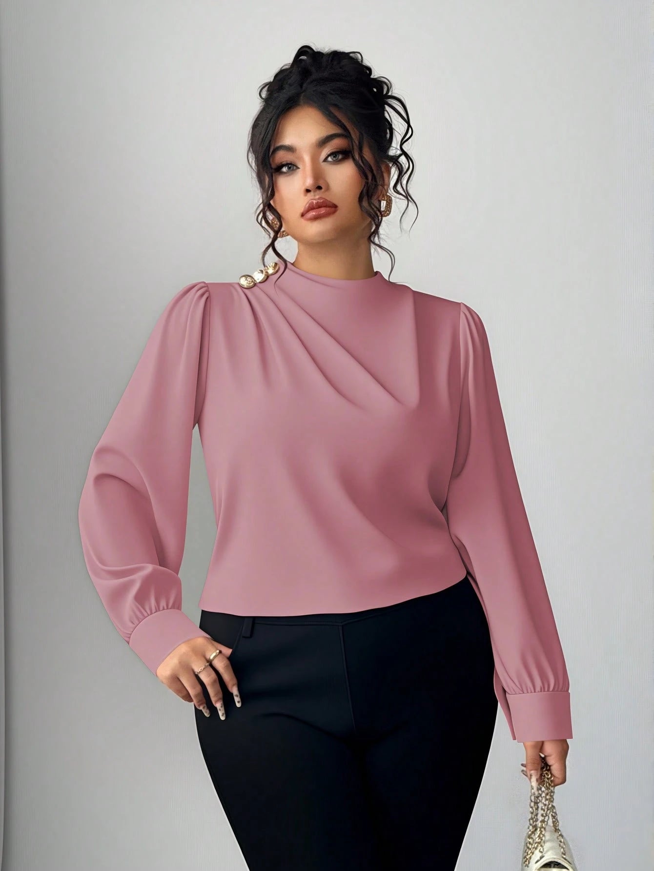Camisa Manga Longa Feminina Plus Size com Colarinho Plissado Elegante 