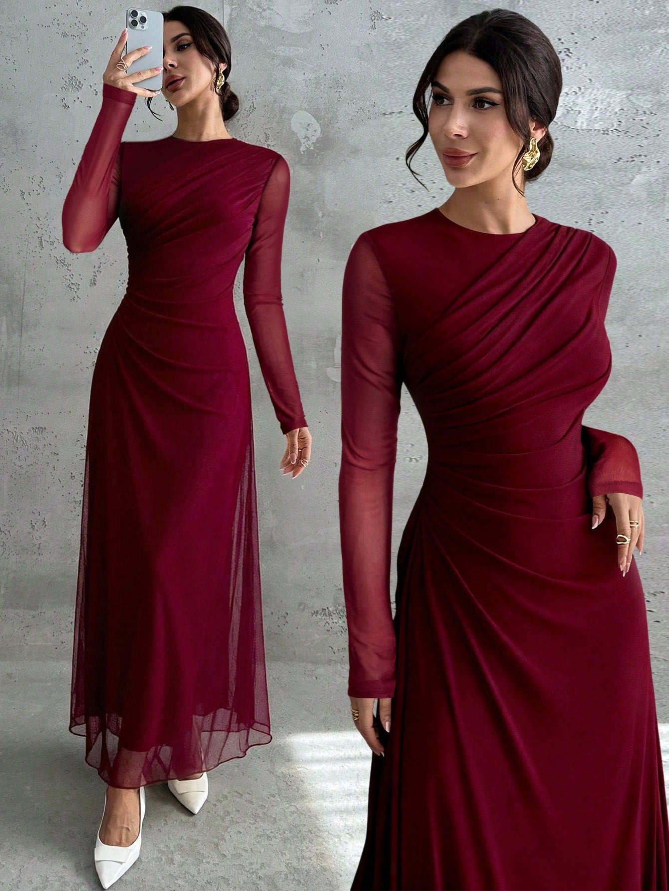Vestido Longo Manga Comprida com Tule Cintura Plissada
