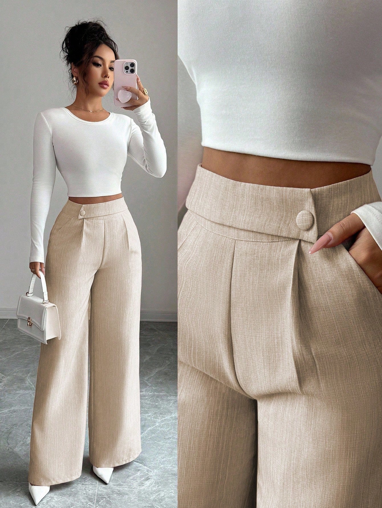 Calça Feminina Elegante Alfaiataria Wide Leg com Botão Lateral