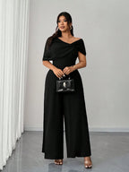 Macacão Social Plus Size Assimétrico Pantalona Manga Curta
