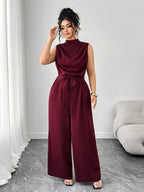 Macacão Plus Size Feminino Elegante Regata Gola Alta Pantalona
