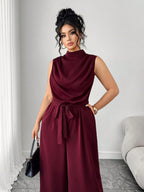 Macacão Plus Size Feminino Elegante Regata Gola Alta Pantalona