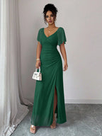 Vestido Longo Para Festa Feminino com Mangas e Fenda Lateral