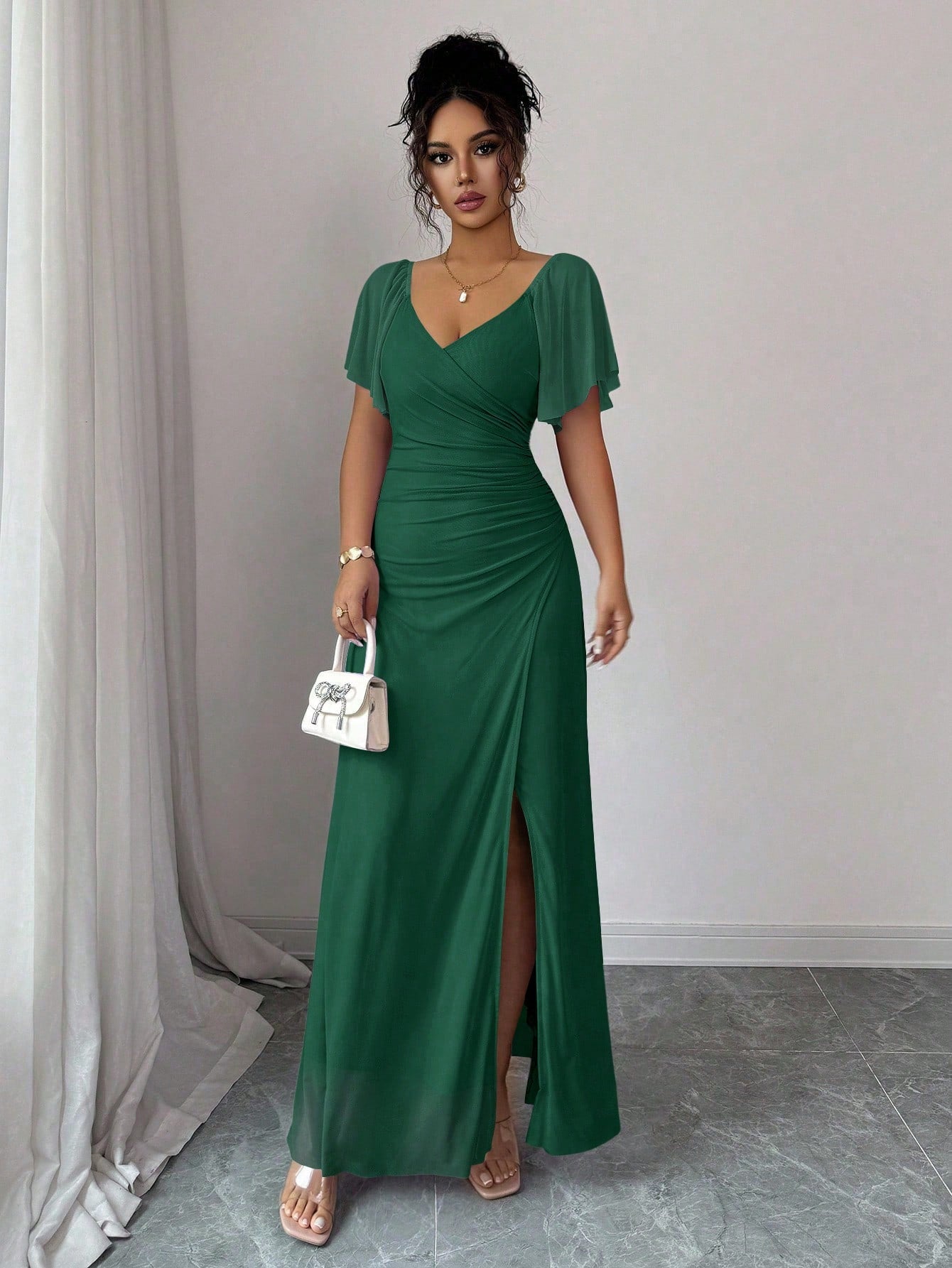 Vestido Longo Para Festa Feminino com Mangas e Fenda Lateral