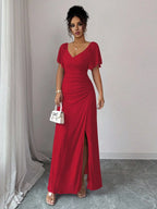 Vestido Longo Para Festa Feminino com Mangas e Fenda Lateral