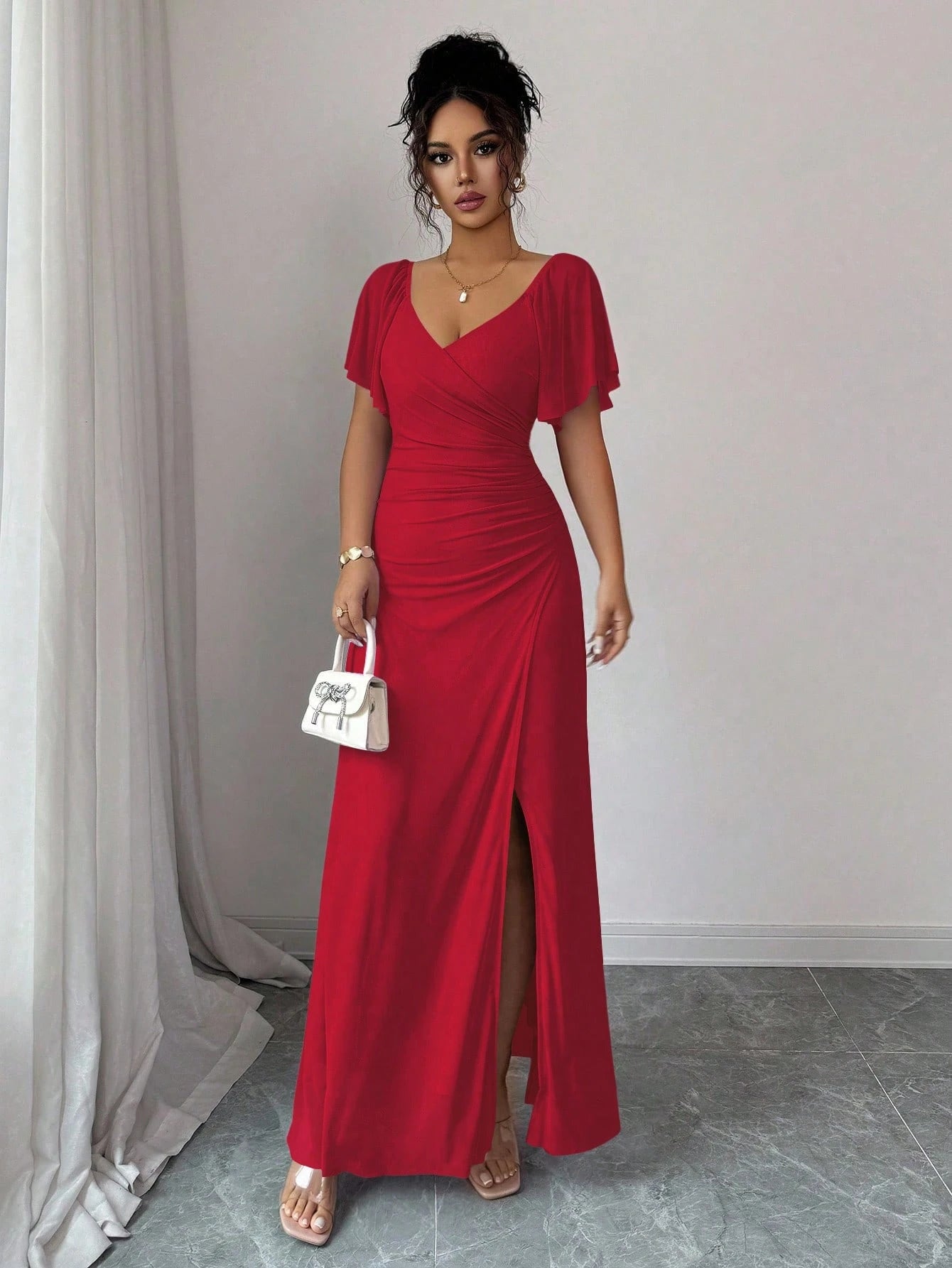 Vestido Longo Para Festa Feminino com Mangas e Fenda Lateral