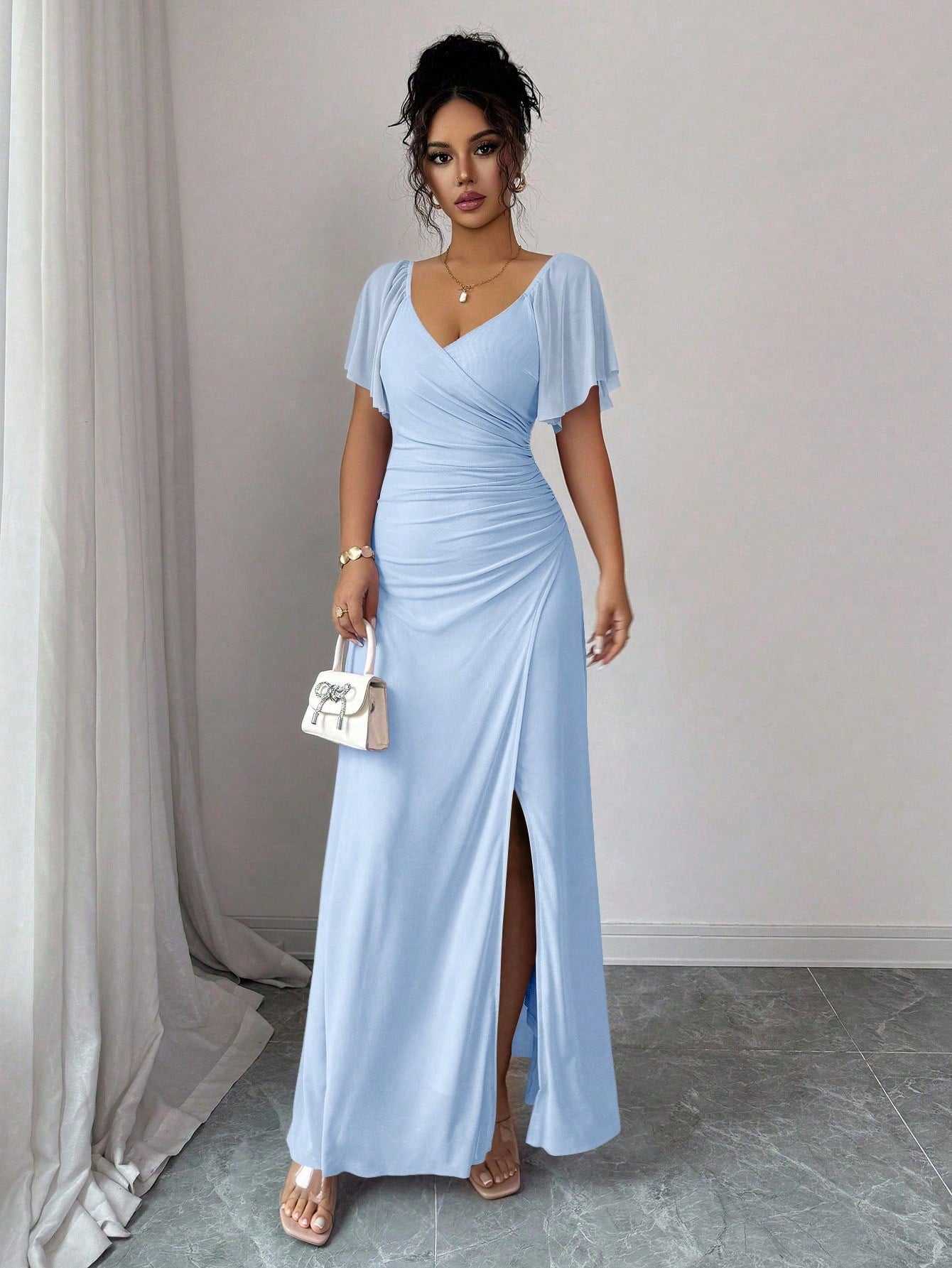 Vestido Longo Para Festa Feminino com Mangas e Fenda Lateral