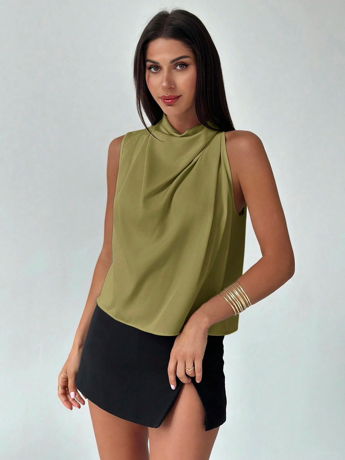 Firerie Blusa Assimétrica Plissada Cor de Damasco Elegante e da Moda Feminina, para Escritório, Uso Diário, Férias e Festivais de Música, Primavera/Verão